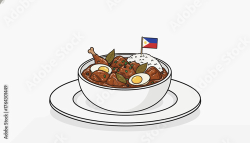 Philippine Chicken Adobo with Rice and Flag Vector Illustration in Bowl