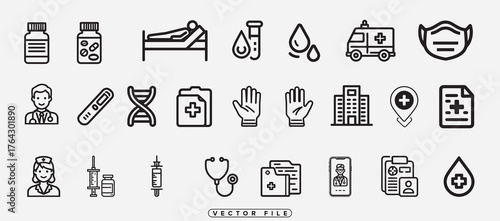 Healthcare icons in line art style. Stethoscope, pill, syringe, blood test medicine, emergency line art illustration.