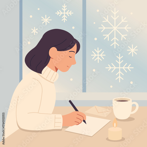 Flat vector illustration of a young woman writing a letter near the window on a snowy winter day. Cozy atmosphere with candlelight and coffee. Great for lifestyle or seasonal design.
