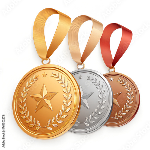 Realistic 3D Rendered Round Medals for Top Tiers and Victory Isolated on White 