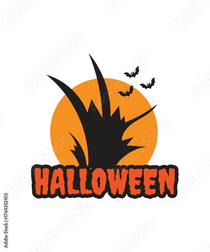 Happy Halloween text logo with bat on white background. Halloween party lettering logo, label, sticker, poster 