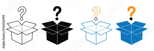 Set of box with question marks vector icons. Mystery, surprise or secret boxes. Prize, magic or present packaging. Vector 10 Eps