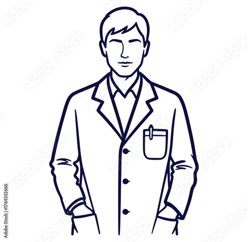 Professional male figure in lab coat simple outline for science or medical concepts