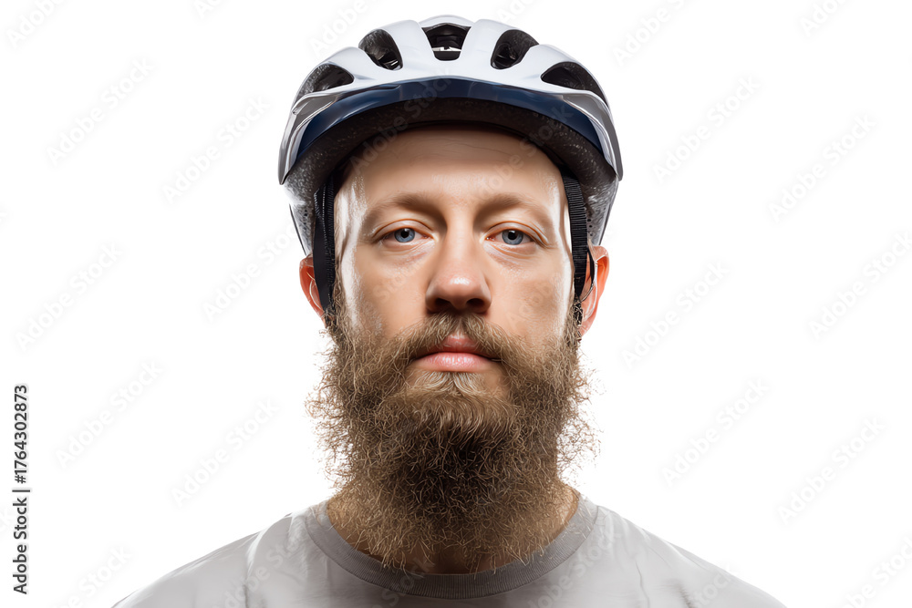 Fototapeta premium Portrait of a man with a beard wearing a bicycle helmet against a white isolate background.