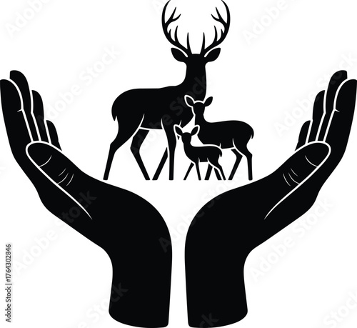 Protective hands holding deer family silhouettes, wildlife conservation, nature care, animal protection, ecological balance, forest safety, nurturing environment, symbolic illustration