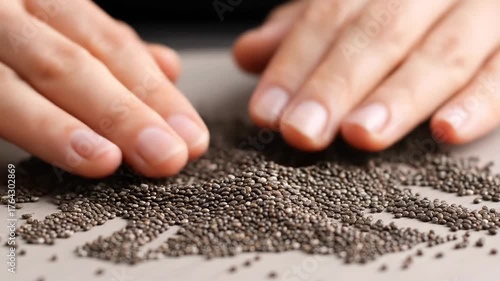 Close-Up of Hands Spreading Chia Seeds on a Surface: Preparing Natural Ingredients for a Culinary Creation or Healthy Recipe Demonstration