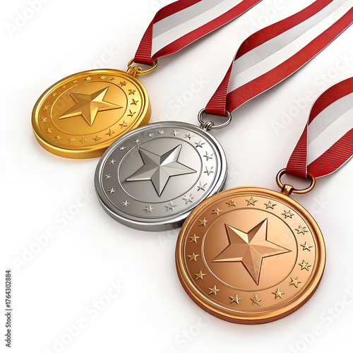 gold silver and bronze medals,3D Gold Silver Bronze Medal Icons with Star Ribbons Symbolizing Awards and Achievement