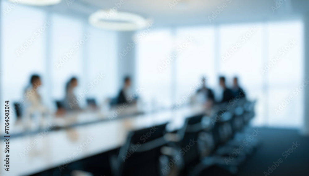 Fototapeta premium Blurred office background with business people in meeting room, abstract corporate environment for presentation backdrop, conference hall with team at work concept