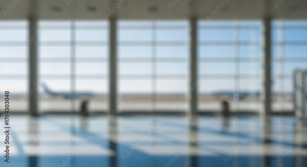 Obraz premium Abstract blurry airport terminal interior with architectural columns and window light creating shadows on floor for modern business or travel background