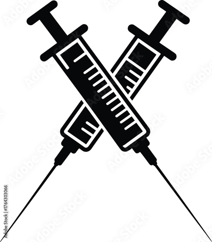 Crossed syringe silhouette illustration, medical injection, vaccination, healthcare, pharmaceutical symbol, hospital equipment, immunization, sterile needle, clinical treatment, 