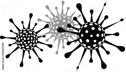 Abstract virus particle illustration, spherical microorganism design with spikes, medical microbiology concept, pathogen infection symbol, healthcare science background, digital artwork