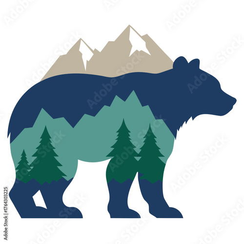 Double Exposure Bear with Mountain and Trees – Adventure Wildlife Vector Design