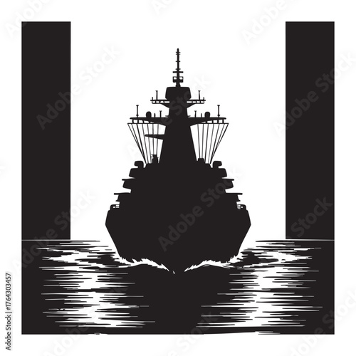 Black silhouette of a warship sailing on choppy water naval ship military vessel