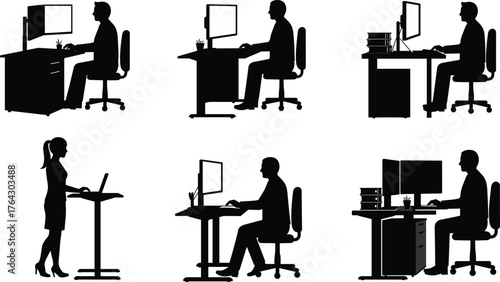 Office workers at computer desks, business people working at workplace, modern corporate workspace design, technology setup, cad drawing flat vector illustration