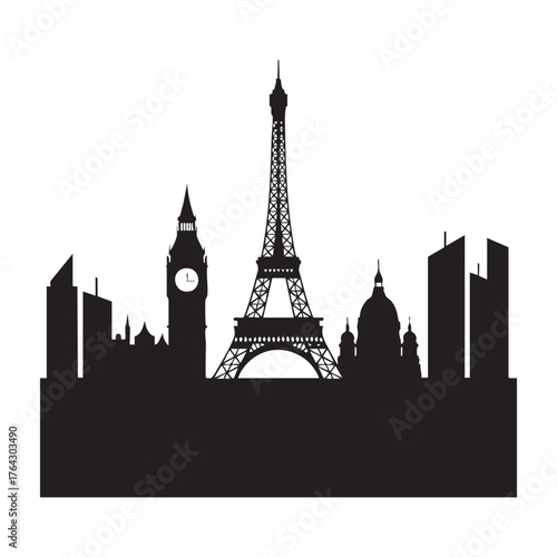 Black silhouette of Eiffel Tower Big Ben and modern buildings skyline city landmark