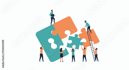 Teamwork and Collaboration Illustration - People Assembling Jigsaw Puzzle Pieces