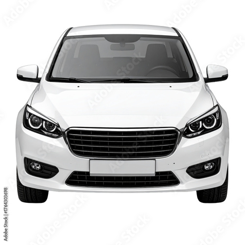 Sleek Car in Focus: Front view of a brand new, white car, showcasing its modern design and streamlined structure. Perfect for automotive themes and transport projects.