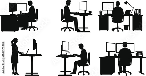 Office employee working on computer, business workplace silhouette design, professional desk setup, technology concept art, cad drawing flat vector illustration