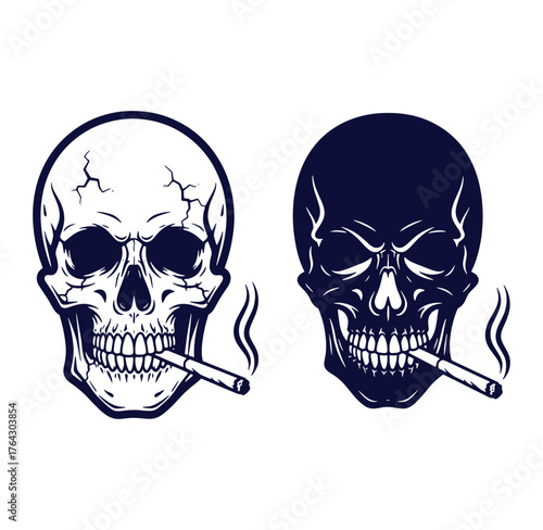 Two monochrome skull illustrations smoking cigarettes symbolizing risk and mortality concept