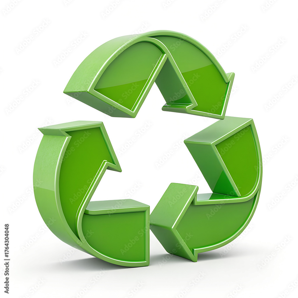 Fototapeta premium 3D Green Circular Arrows Icon Representing Recycling and Refresh Symbol Isolated on White,Bright Green 3D Recycling Loop with Three Arrows – Eco Concept Illustration