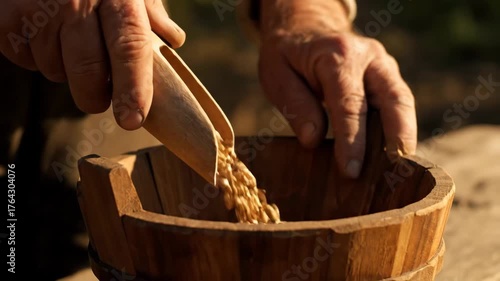 Ancient Grain Preparation: Close-Up of Hands Harvesting and Preparing Wheat Seeds in Traditional Rustic Style