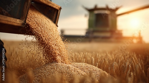 Wallpaper Mural Harvested grain pours from a trailer in a golden field at sunset. Torontodigital.ca