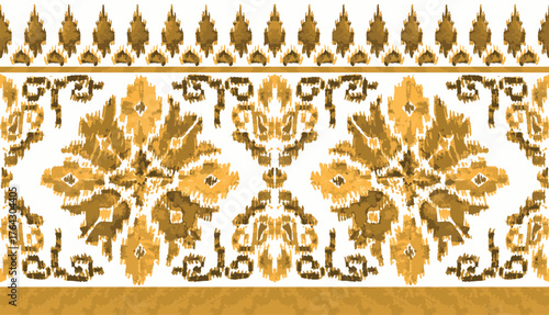 abstract seamless hand drawn ethnic embroidery golden ikat border design. traditional mughal border. azetec pattern border design. Geometric Vector Textile Border Design. golden ikat design.