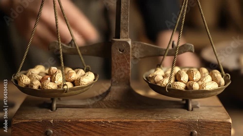 Close-up: Vintage Scales Balancing Peanuts with a Farmer's Hand in a Rustic Setting, Emphasizing Nutritional Accuracy and Traditional Weighing