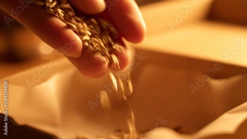 Captivating close-up of hands pouring natural grains into a container, creating a visually appealing and calming shot for culinary and wellness