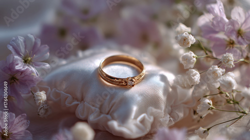 Golden wedding ring on satin pillow surrounded by soft flowers romantic marriage proposal and love relationship celebration concept