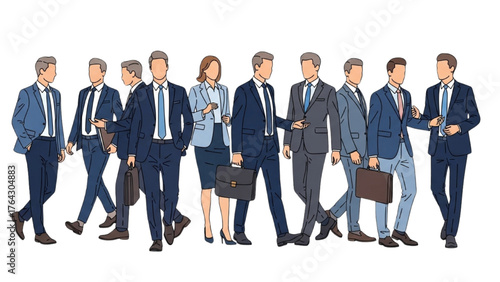 Business professionals in suits walking, various poses and expressions, teamwork concept