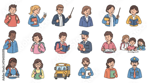 Diverse group of cartoon characters representing students, teachers, and staff in an educational setting