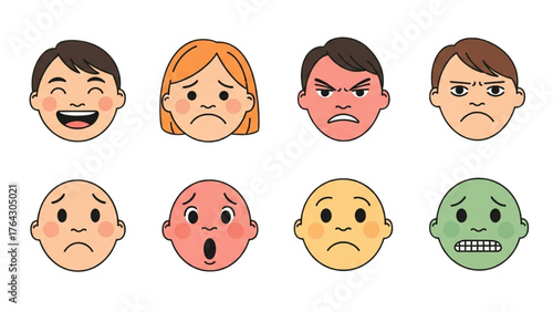Set of colorful cartoon faces showing various human emotions and feelings