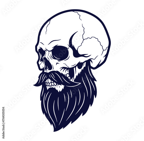 Vector illustration of a detailed skull featuring a handlebar mustache and thick beard