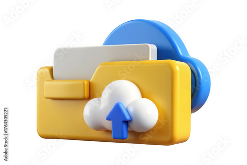 3d cloud storage folder with upload arrow icon, data transfer, file sharing, backup, and sync concept illustration isolated on transparent background