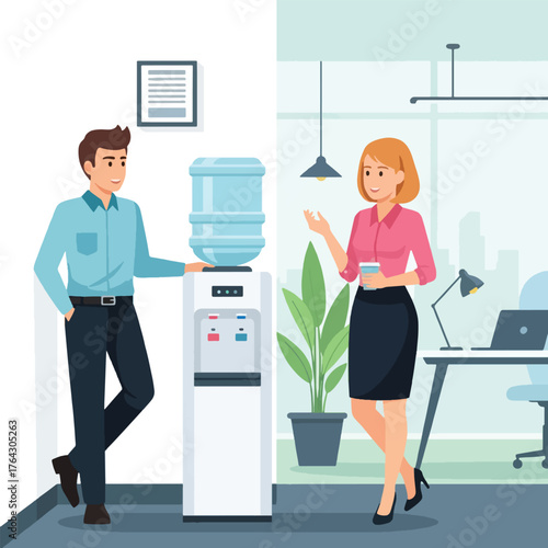 A man and a woman are having a conversation next to a water cooler in an office setting.