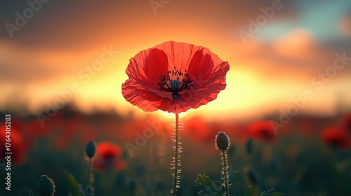 A vibrant red poppy stands tall, silhouetted against the warm, golden hues of a sunset sky