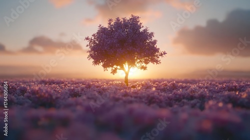 A solitary tree blooms vibrantly within a field of purple blossoms during a sunset, peaceful and serene