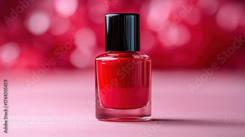 Close-up shot of a vibrant red nail polish bottle against a soft pink background