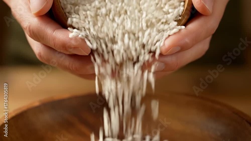 Hands Pouring Rice: A Visual Exploration of Grain Preparation and Sustainable Cooking Practices Focusing on Natural Ingredients and a Healthy Diet