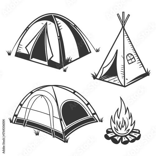 Vector art of camping tents and bonfire