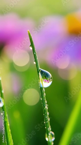Dew drops glisten on green blades of grass in a beautiful spring garden
