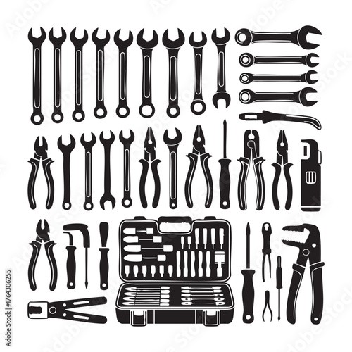 Collection of black silhouette tools including wrenches pliers screwdrivers and toolbox