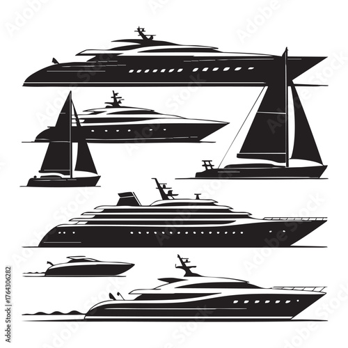 Collection of black silhouette yachts and sailboats on white background ship watercraft