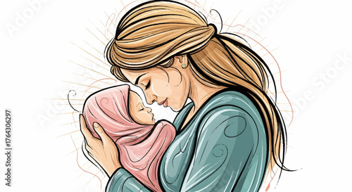 Mother's Love: Cartoon Illustration of Mom Holding Baby