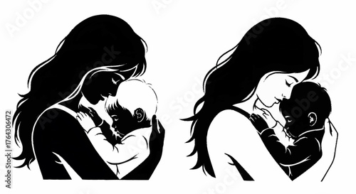 Mother and Baby Silhouette Vector Illustration Set