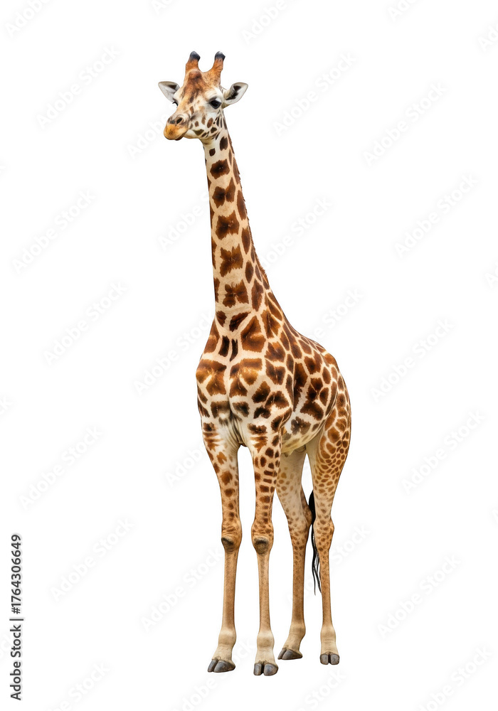 Naklejka premium Full body giraffe standing tall, wildlife animal photography, mammal portrait, safari animal, zoo animal, giraffidae isolated on transparent background