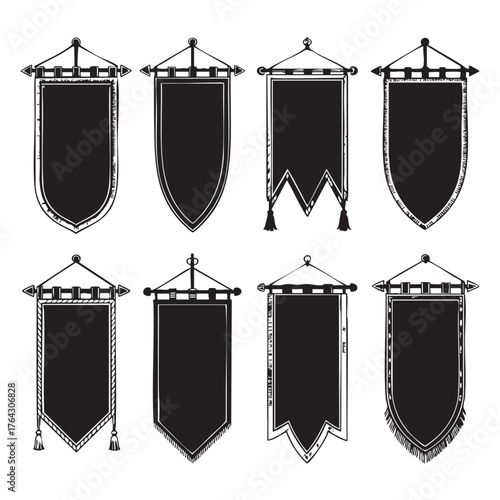 Collection of eight black medieval banners and pennants on white background flag heraldry