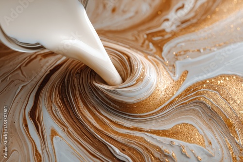 Pouring liquid forms swirling patterns of gold, brown, and white hues. Ideal for design projects needing luxury, fluidity, or creamy textures.