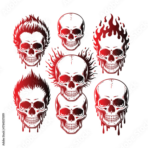 Collection of seven red and black gradient skulls with flame and spiky hair human skull
